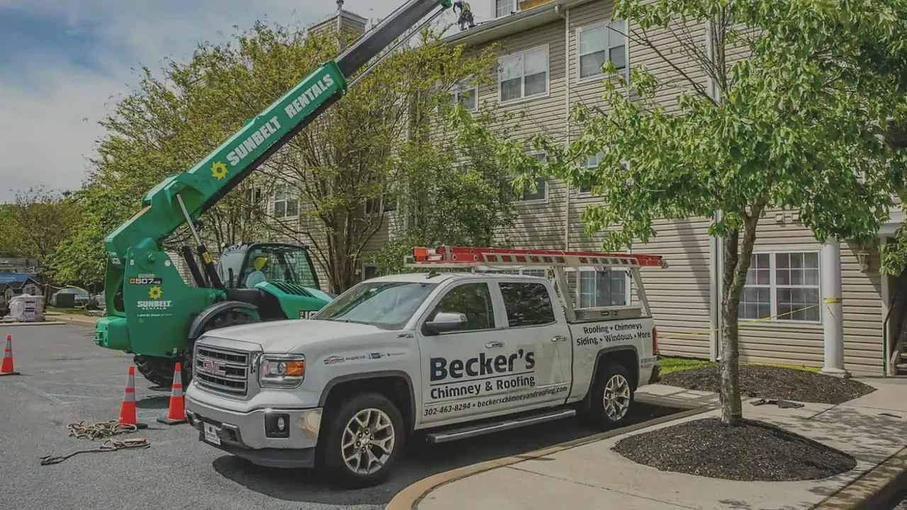 Becker’s Chimney and Roofing truck and lift on a residential job site