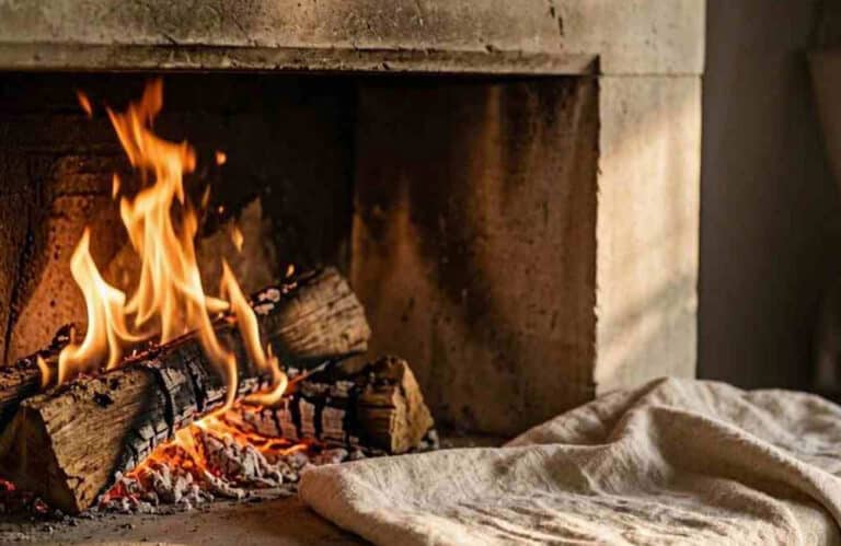 Wood fire burning in a soot-darkened masonry fireplace