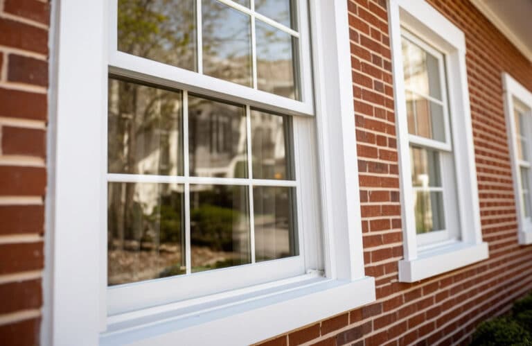 White double-hung replacement windows with grilles on a red brick home